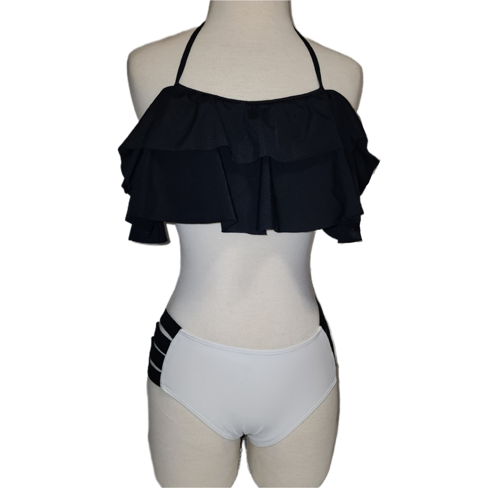 Strappy Black & White Bikini w/ Flouncy Top &  - Extra Small